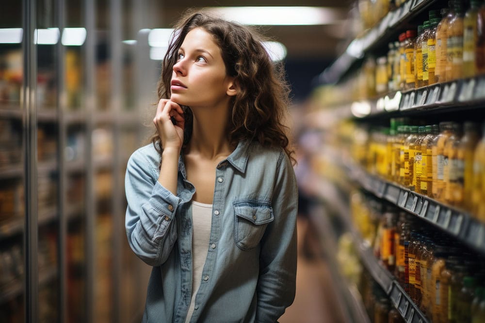 Female with eating disorder in the supermarket