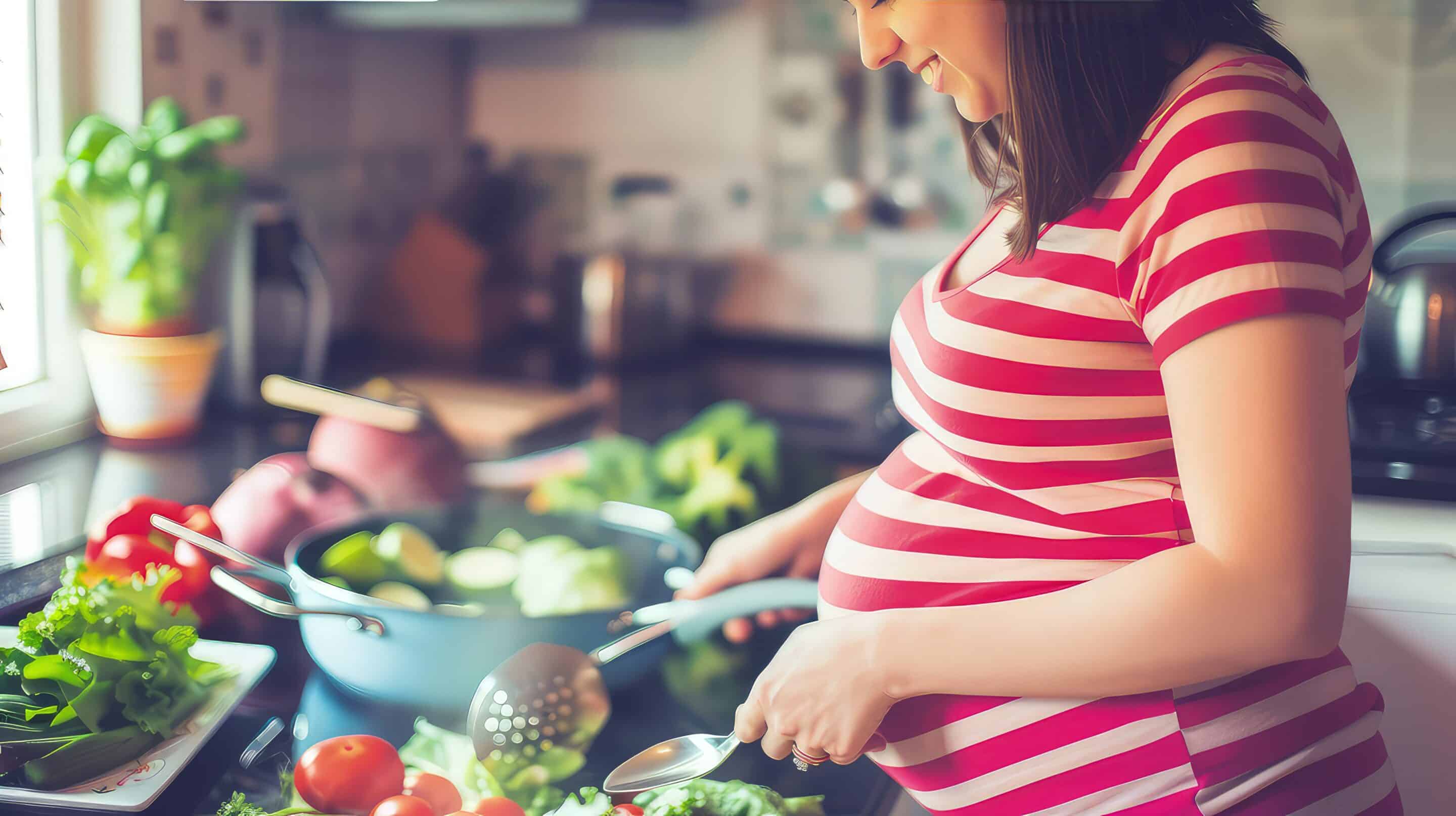 Pregnant woman cooking healthy food.